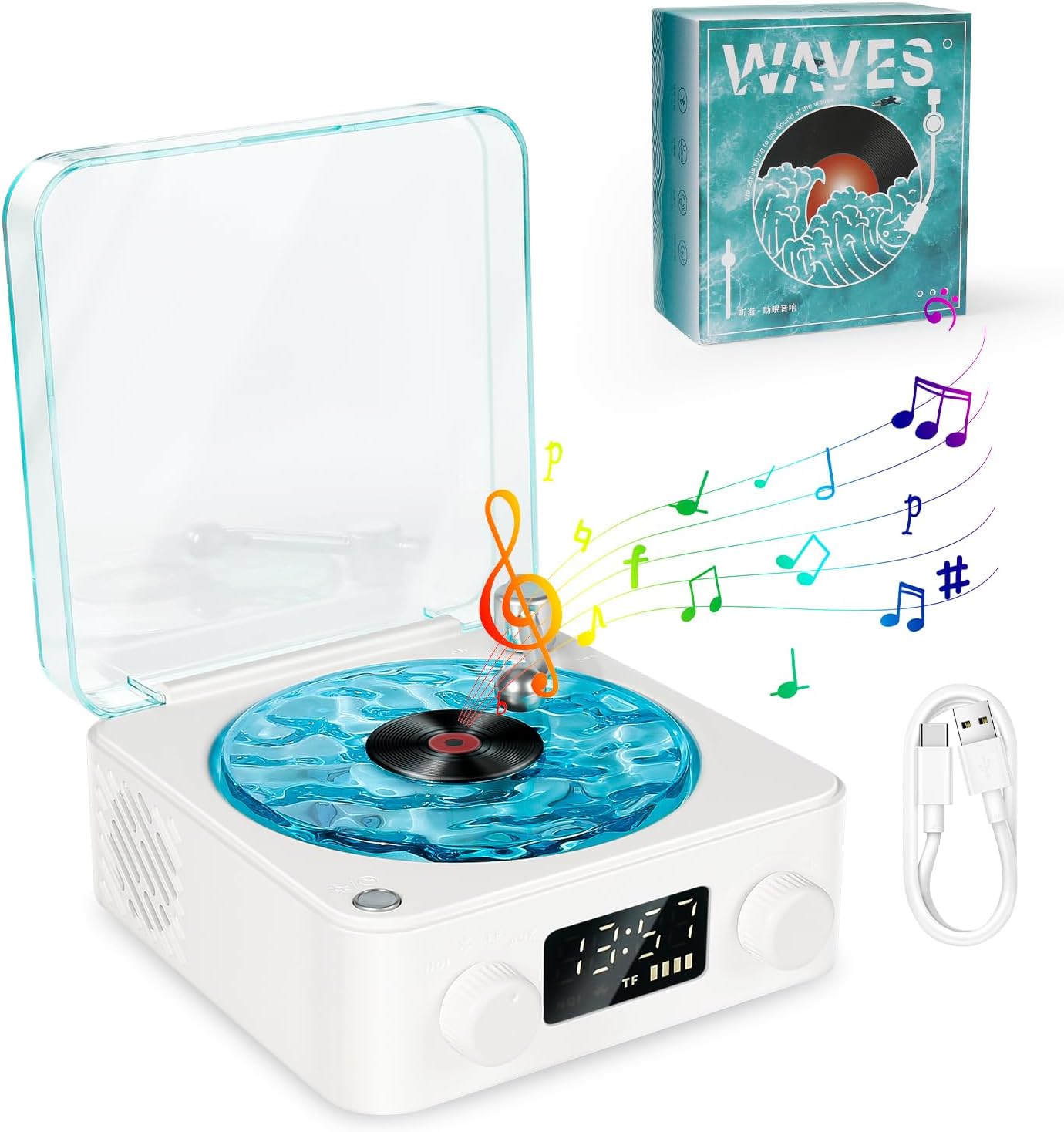 Retro-Style Wireless Waves Vinyl Bluetooth Speaker, Aqua Vinyl Speaker