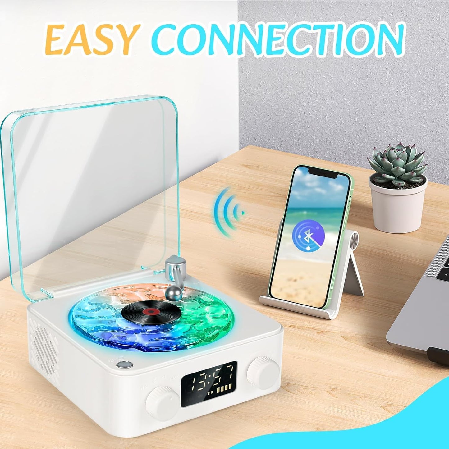 Retro-Style Wireless Waves Vinyl Bluetooth Speaker, Aqua Vinyl Speaker