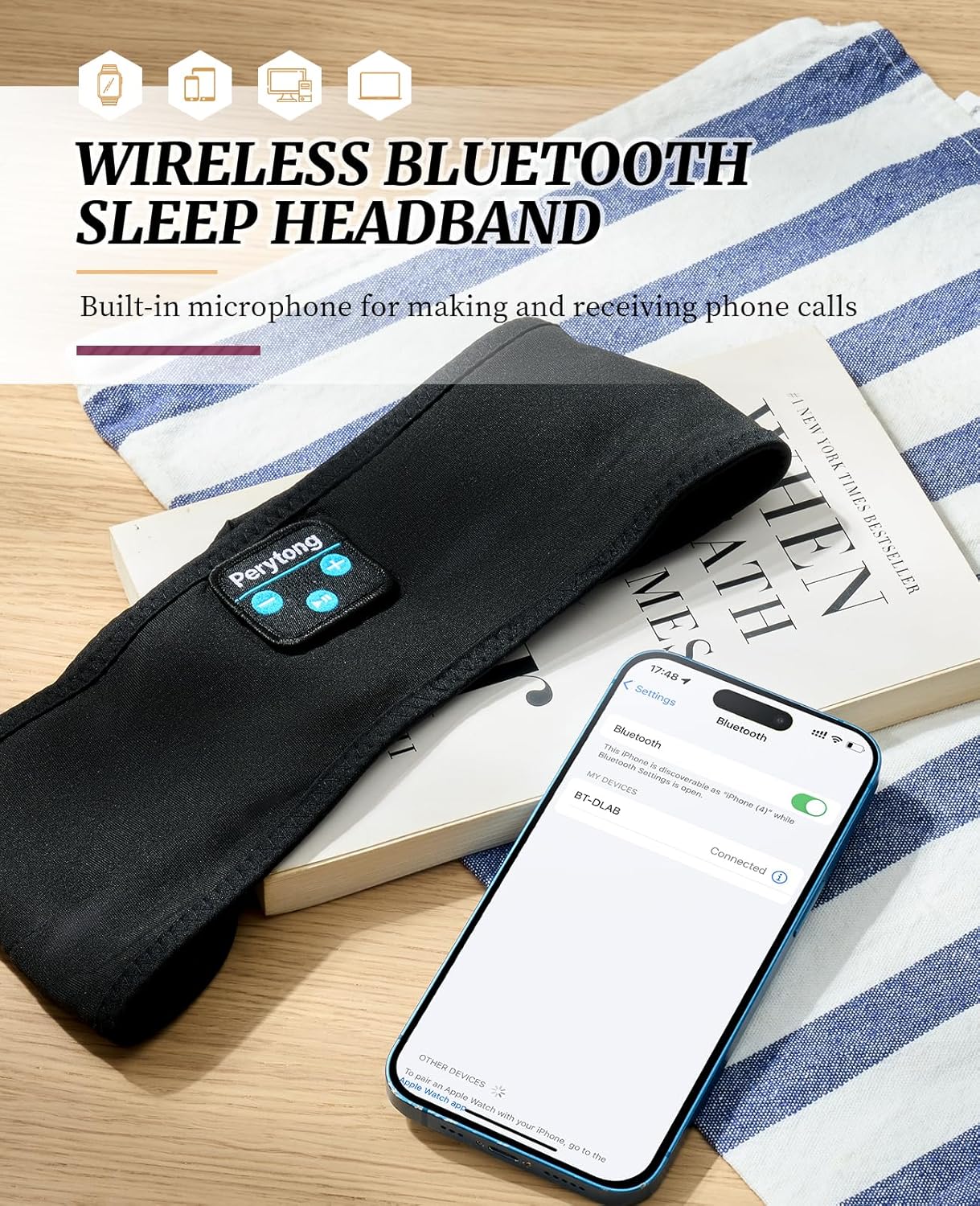 Perytong Sleep Headphones Wireless, Bluetooth Sports Headband Headphones with Ultra-Thin HD Stereo Speakers Perfect for Sleeping,Workout,Jogging,Yoga,Insomnia, Air Travel, Meditation