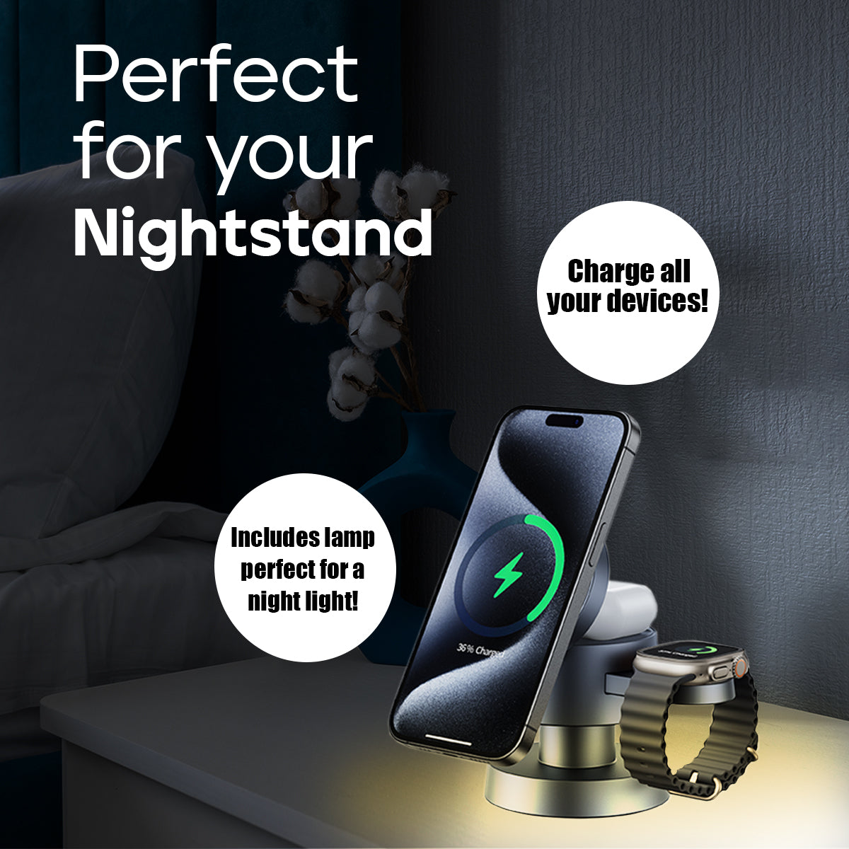 Mushroom Style 4-in-1 Wireless Charging Stand with Lamp